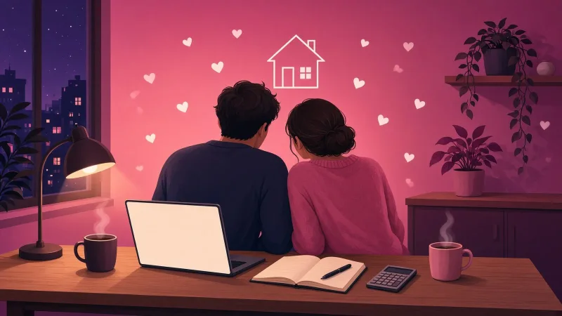 Illustrated couple at a kitchen table with a laptop, notebook and calculator, looking honestly at the money side