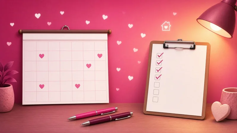 Illustrated calendar and checklist with two pens, for a couple answering questions together before deciding