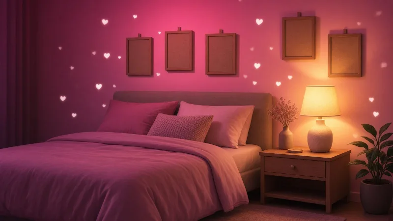Bedroom lit by a single warm lamp with personal photos turned to face the wall