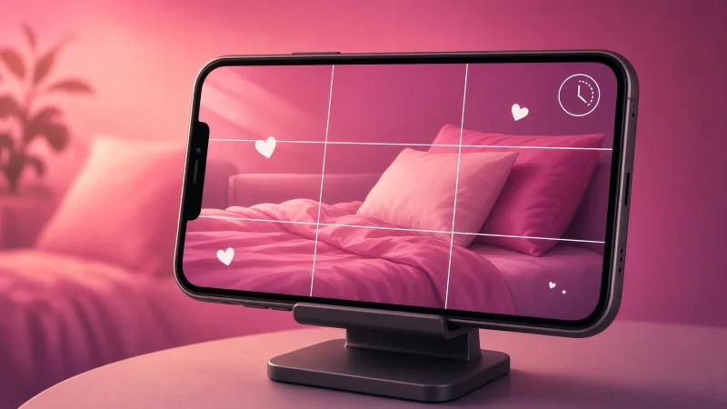 Phone on a small stand with the camera grid and self-timer on, aimed at an empty bed in warm lamp light