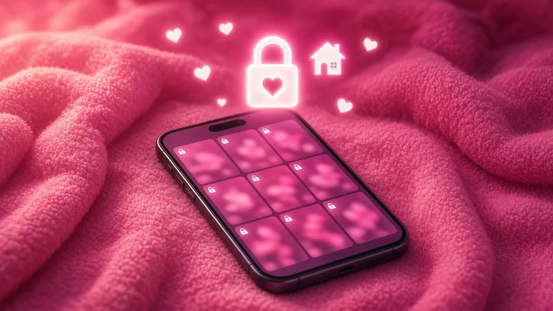 Phone screen with a locked photo album, a white padlock and a heart icon, a reminder to keep private photos private