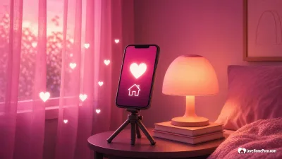 Illustration of a phone on a mini tripod next to a warm bedside lamp and sheer curtain on a pink to magenta background