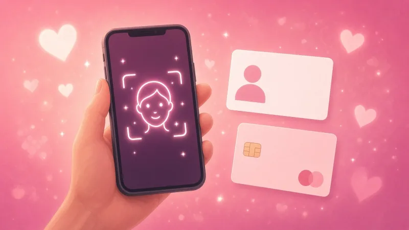Hand holding a phone with a face scan frame next to a blank ID card and payment card, the common age check methods