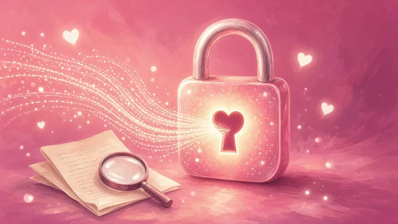 Glowing padlock with a heart keyhole beside a privacy policy and a magnifying glass, protecting your data during an age check