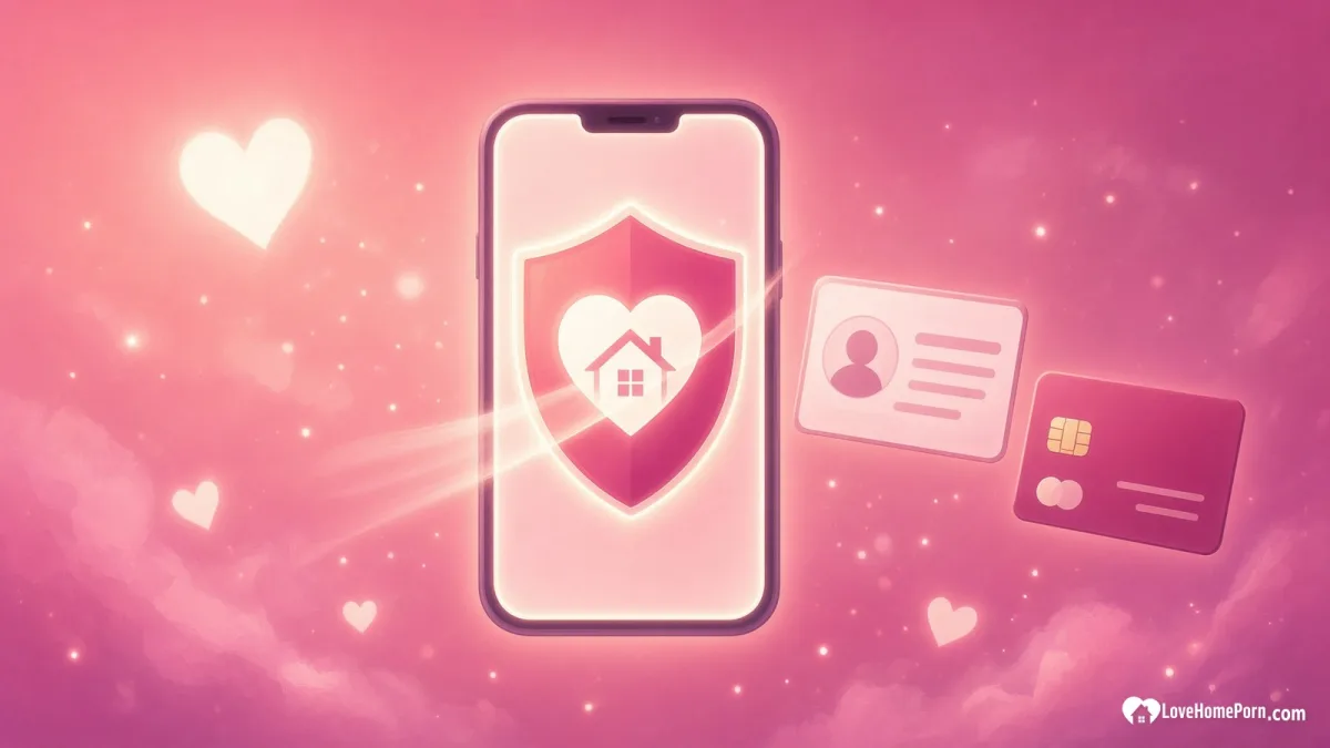 Illustrated phone with a heart and house shield beside an ID card and a payment card, showing how porn age verification works