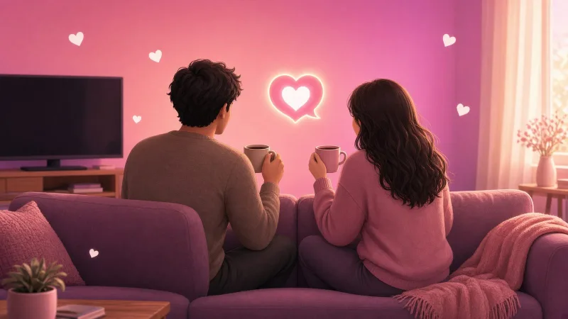 Illustration of a relaxed couple on a sofa with coffee mugs, chatting calmly about watching porn together sometime