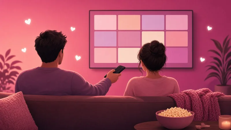 Illustration of a couple on a sofa passing the remote between them while browsing a blank TV menu together