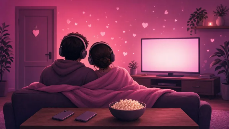 Illustration of a couple wearing headphones on a sofa, phones face down and popcorn ready for a cozy night in