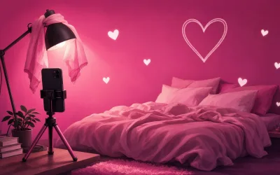 Simple home film setup with a phone on a mini tripod and a lamp under a pink scarf, real amateur style