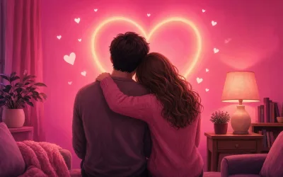 Adult couple seen from behind embracing in a warm living room under a glowing heart, real couple videos