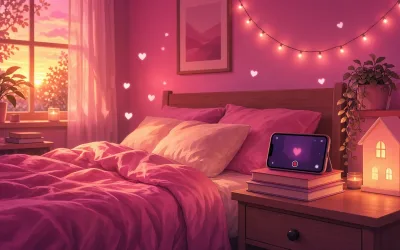 Cozy bedroom with a phone propped on books and a glowing little house lamp, the feel of real homemade videos