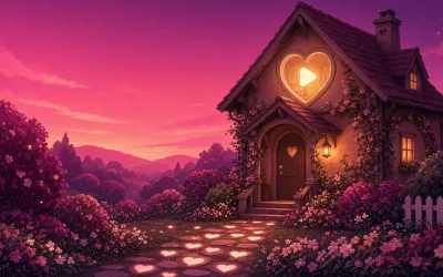 Little house glowing at dusk with a heart-shaped window and a path of hearts, the LoveHomePorn home page
