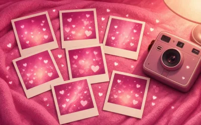 Instant photo prints and a vintage camera scattered on a pink blanket, amateur photo albums
