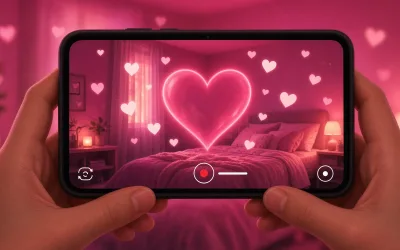 Hands holding a phone that films a cozy bedroom in first-person view, the POV style on a pink glow