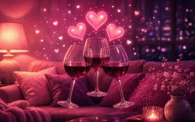 Three wine glasses clinking over a cozy sofa with three glowing hearts above them, a night for three