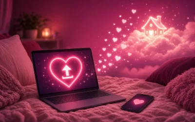 Laptop on a cozy bed with an upload arrow in a heart and hearts rising to a little glowing house