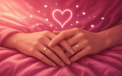 Two hands with matching wedding rings resting on pink sheets under a glowing heart, married couples