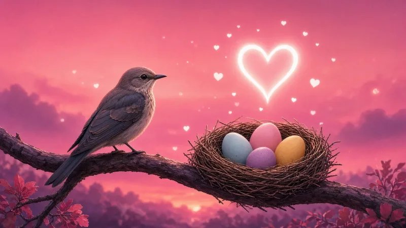 Illustrated cuckoo bird beside a nest of mismatched eggs on a soft pink gradient with a faint white heart above