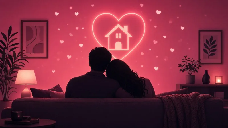 Silhouetted adult couple seen from behind on a sofa in a warm room, a white heart and house glowing on the wall