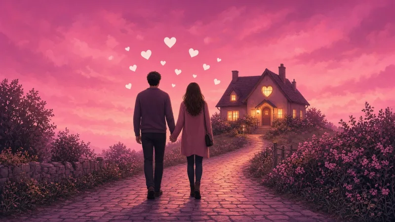 Adult couple seen from behind walking hand in hand toward a small glowing house at dusk, a picture of trust