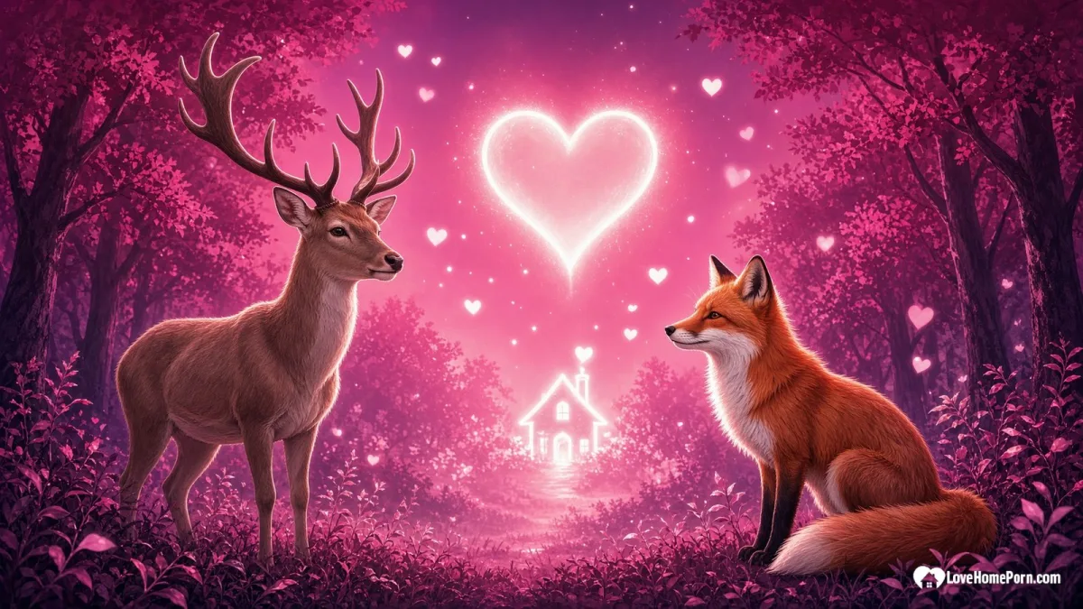 Stylized stag and vixen facing each other under a white heart and little house on a pink to magenta gradient