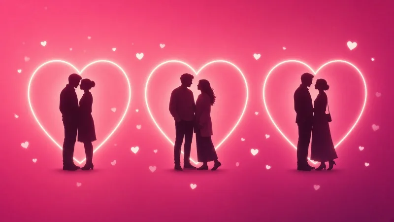 Three heart-framed couple silhouettes on a pink gradient comparing the hotwife, swinging and cuckolding dynamics