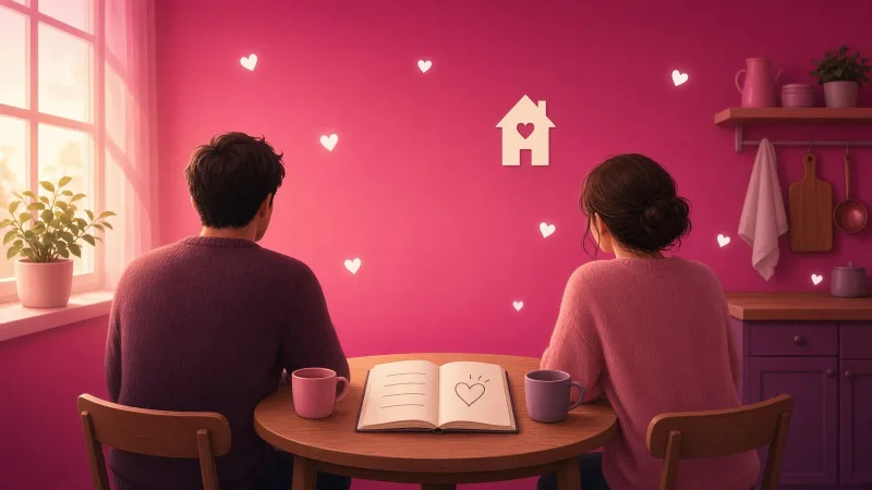 Illustrated couple from behind at a kitchen table writing a short list of ground rules for the hotwife lifestyle