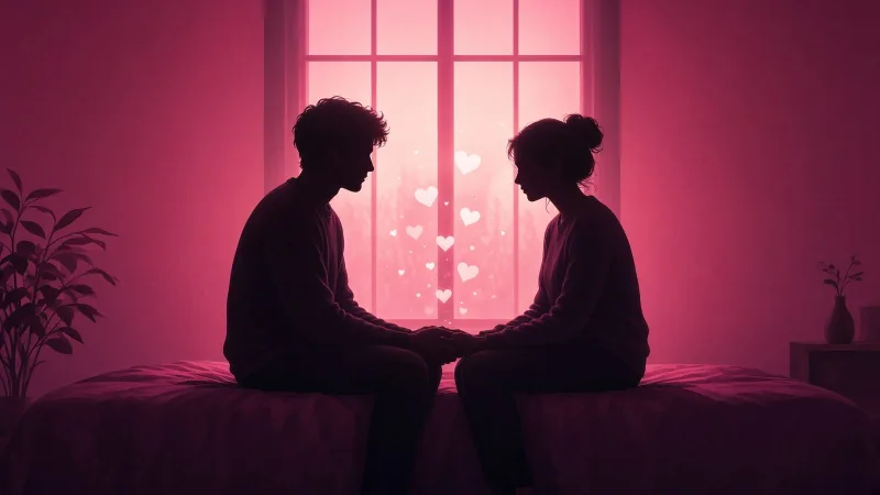 Clothed couple in silhouette sitting on a bed and talking calmly, framed by a pink gradient with small white hearts
