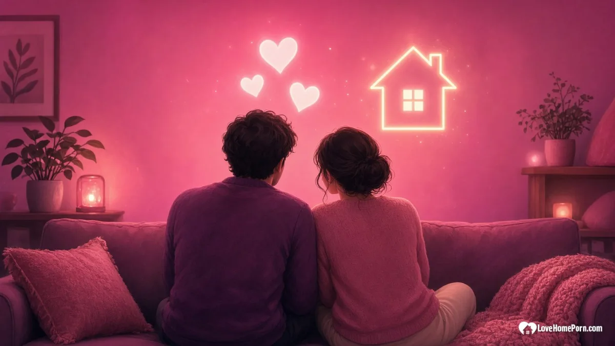 Illustrated couple seen from behind talking on a sofa under a pink glow, a gentle intro to what a hotwife is