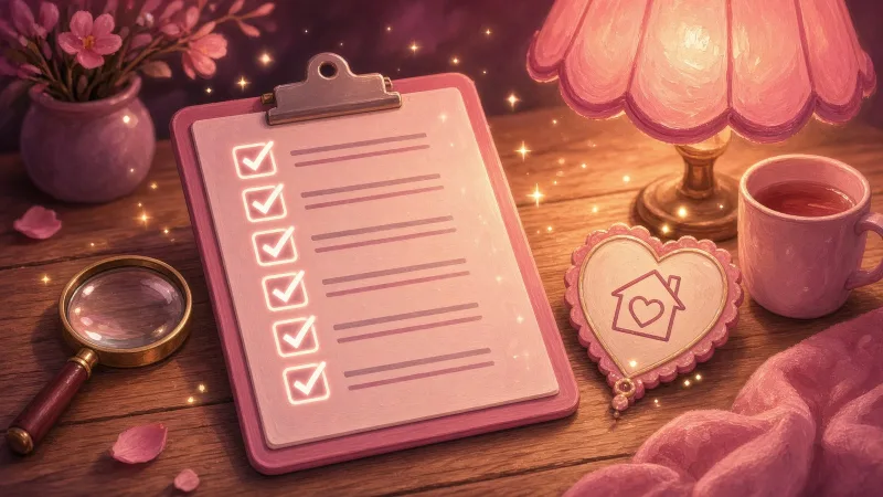 Clipboard with six ticked boxes, a magnifying glass and a heart and house badge, a checklist for ethical porn sites