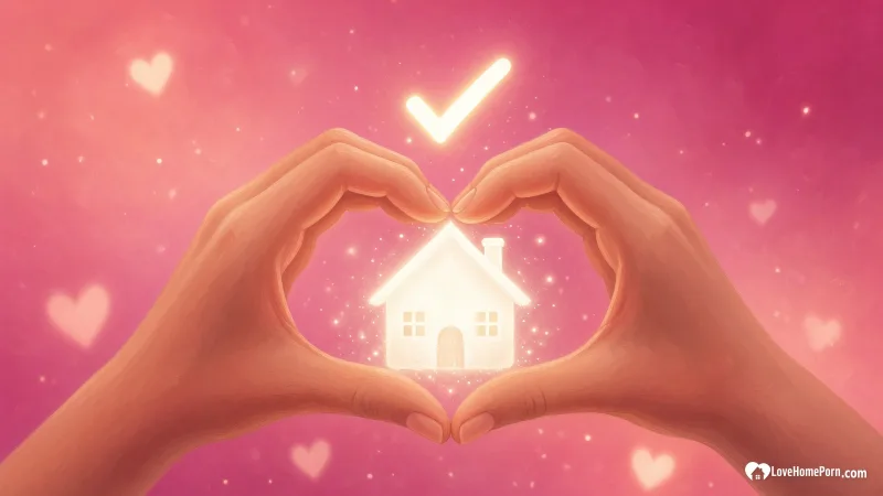 Two hands making a heart around a glowing little house with a check mark, a symbol of consent in ethical porn