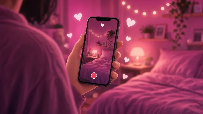 Stylized illustration of a hand holding a phone up close to film a scene, showing the handheld gonzo style
