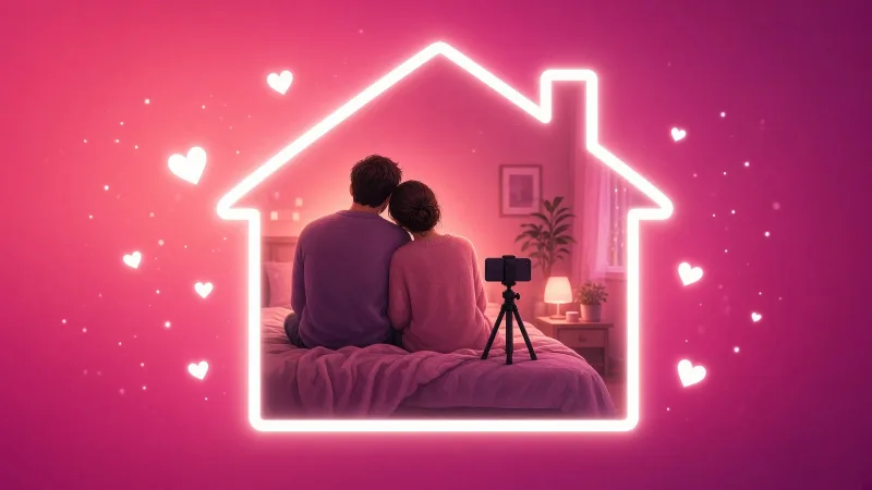 Illustration of a couple seen from behind inside a small house beside a phone on a tripod, suggesting homemade video