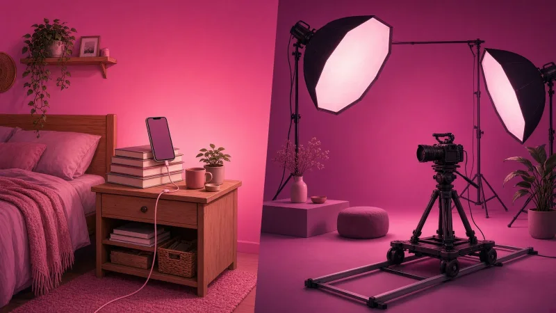 Split illustration of a lived-in bedroom with a propped-up phone beside a polished studio set with lights and a camera rig