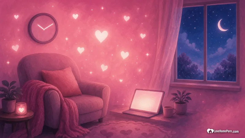 Dim cozy room with a single glowing screen, an armchair and a wall clock at night, what gooning means