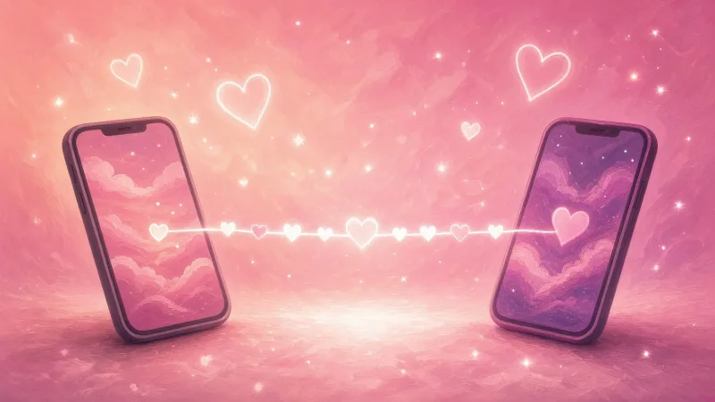 Two phones facing each other with a line of light and small hearts between them, JOI between long-distance partners
