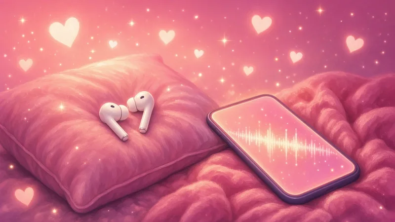 Wireless earbuds on a pillow beside a phone with a sound wave, audio JOI in a cozy bedroom