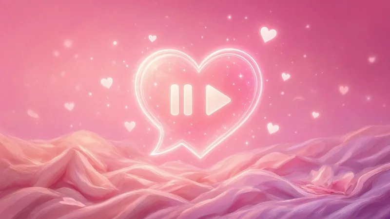 Glowing heart speech bubble with pause and play symbols over bedsheets, consent and a stop word in JOI