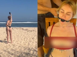 Kinky beach girl gets tied up and fingered