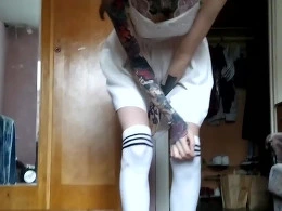 Hot girlfriend sucking cock and giving a footjob