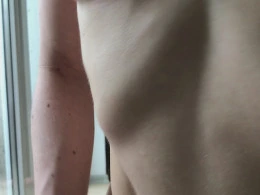 Practicing for your cock by riding this glass door-mounted sex toy