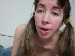 Cute teen with ponytails loves to gobble on my towering donger