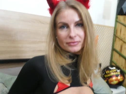 Drilling my hot blonde wife in black stockings for Halloween