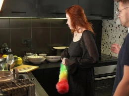 Redhead GF loves fucking more than washing the dishes