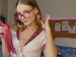 Hot teen nerd makes herself cum with a dildo
