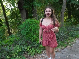 Brunette babe spreads her legs to get fucked outdoors