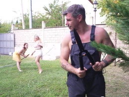 Two Horny Friends Ambushed The Gardener And Drained Him Behind The Garage